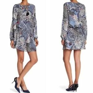 Parker Argentella Mini Dress Womens XS Black Blue Paisley Smocked Artsy Bohemian